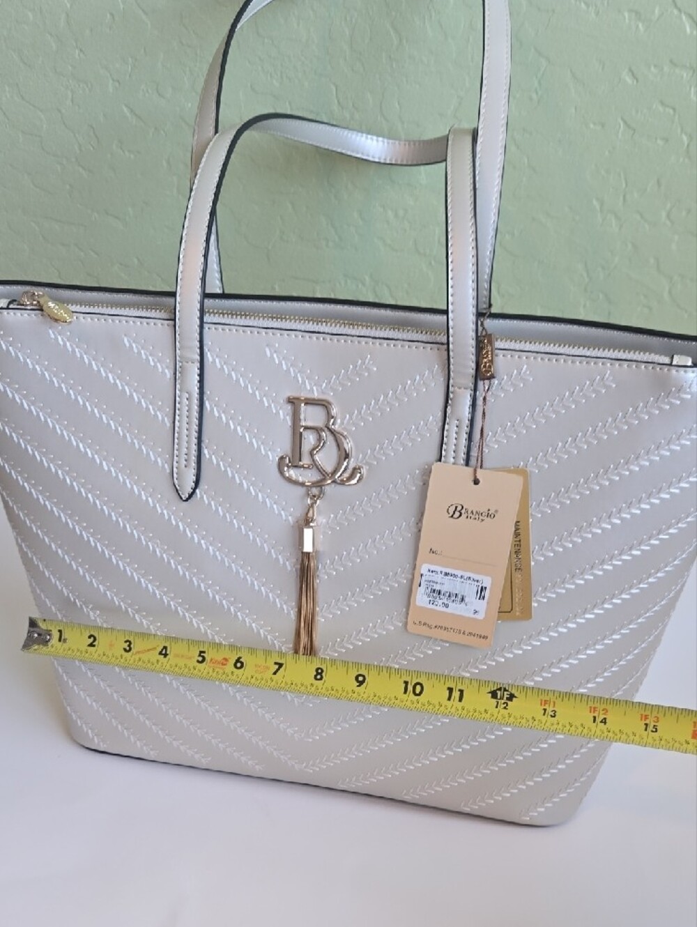 Silver Chevron Embossed Work Tote Bag NWT Large Shoulder Purse Brangio Italy NWT - Picture 6 of 12